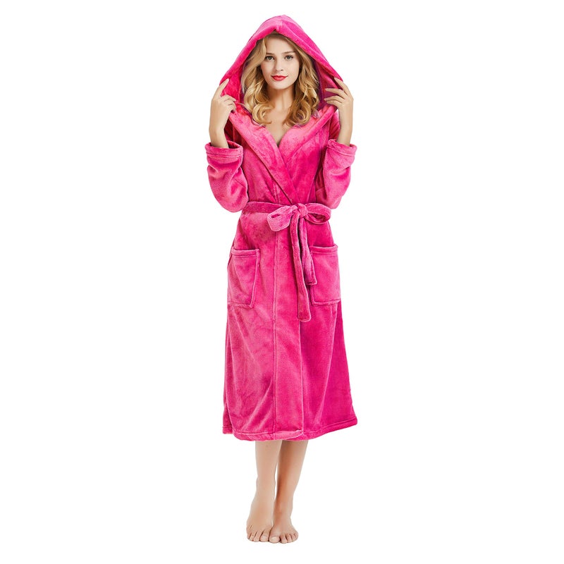 HEARTNICE Womens Hooded Fleece Robe, Soft Plush Bathrobe for Womens, Fluffy Cute Long House Coat (Rose Hooded, L/XL) - Image 1